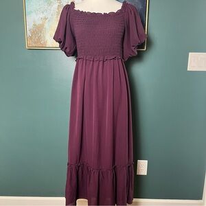 Max Studio Smocked Puff-Sleeve Midi Dress